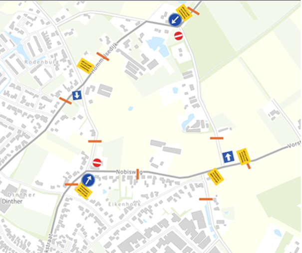 Kaartje met situatie eenrichtingsproef Zandstraat en Heuvelstraat Heeswijk-Dinther